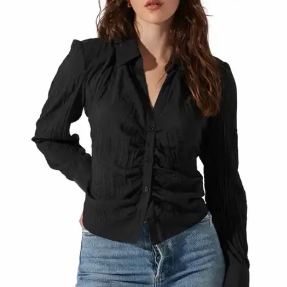 ASTR The Label Ruched Women Black Button-Up Top Long Sleeve Shoulder Pads Small